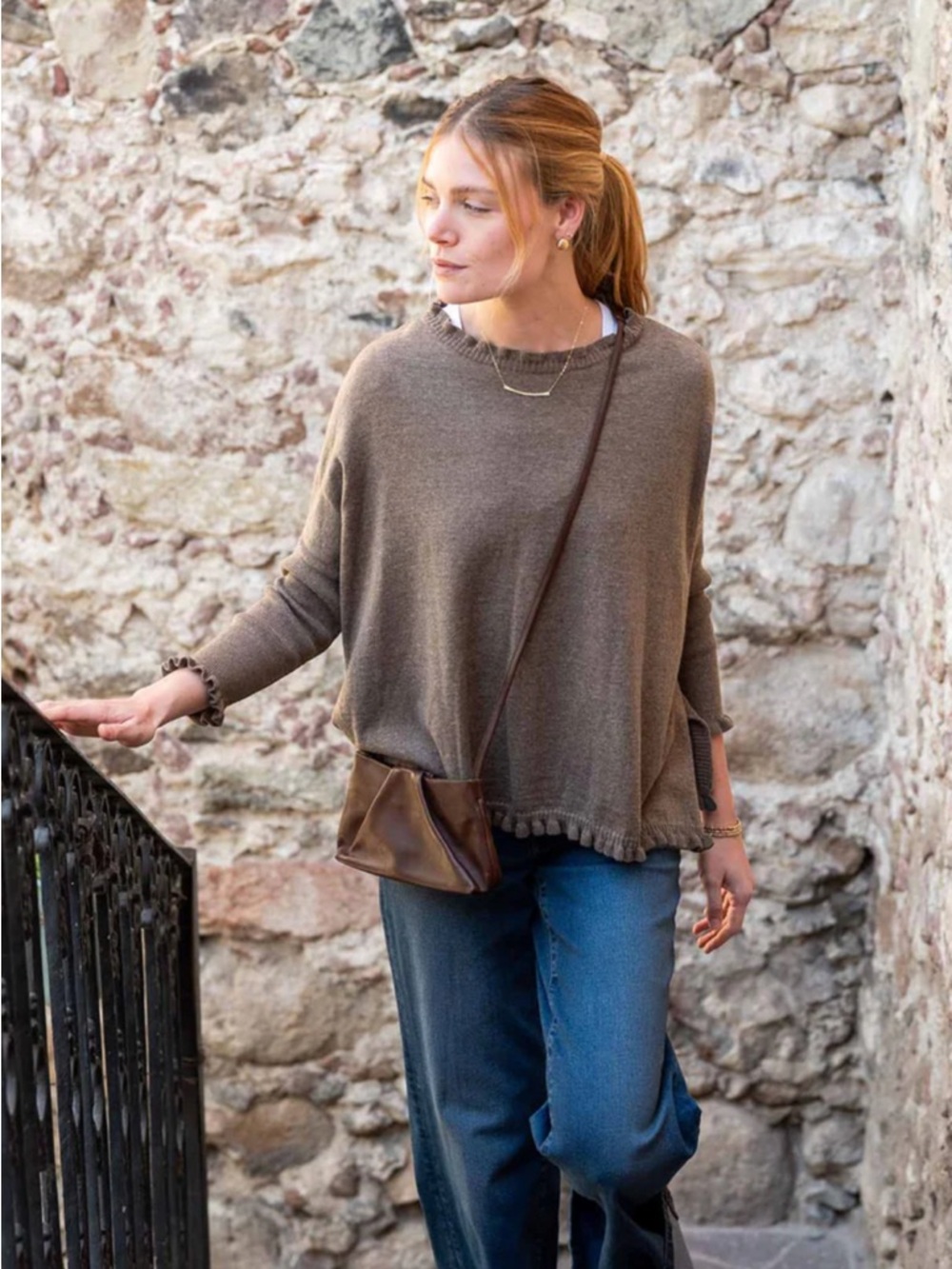 Mersea Catalina Cotton Ruffle Sweater in Taupe